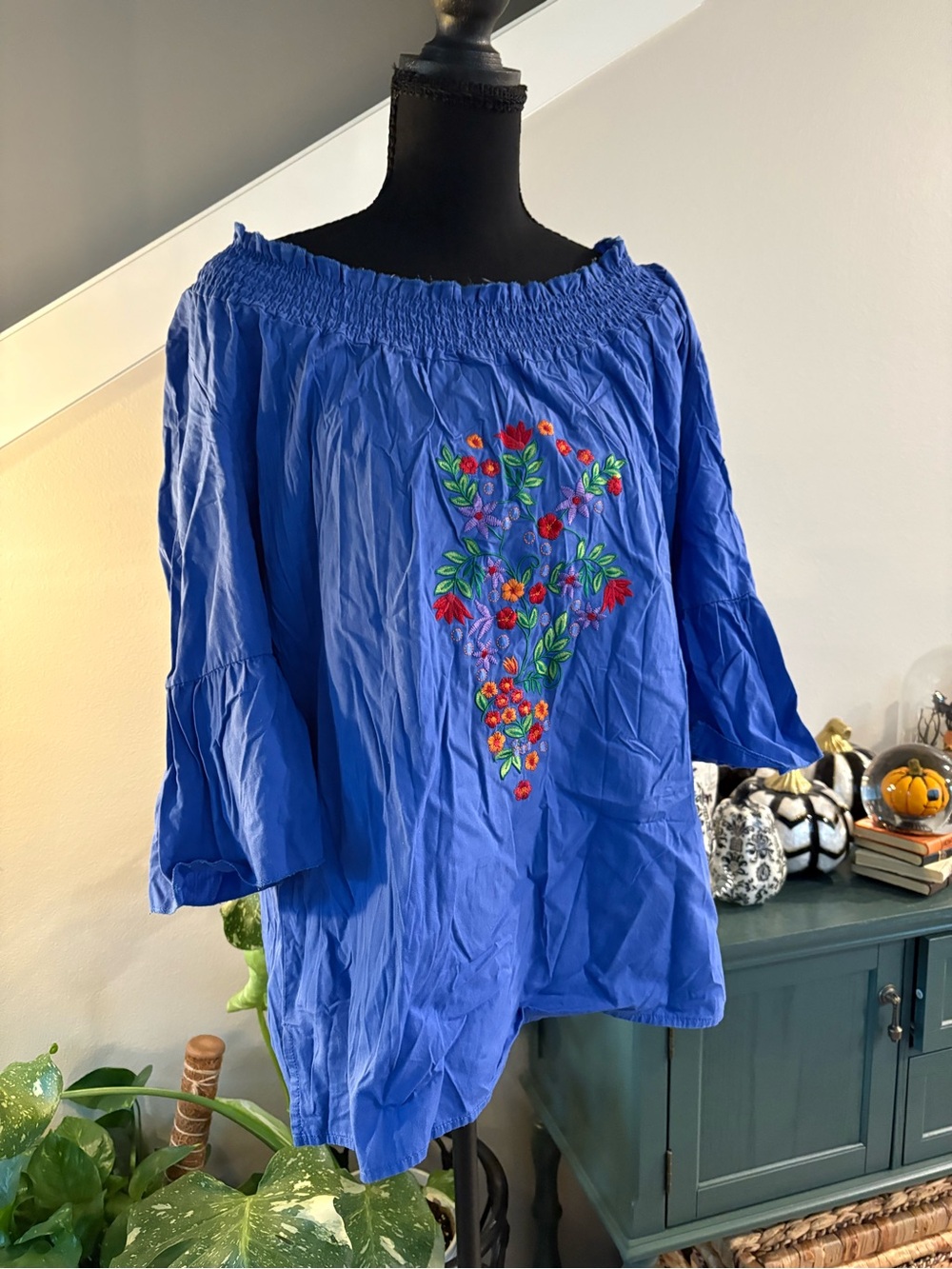 Avon Royal Blue Off-Shoulder Tunic with Colorful Floral Embroidery